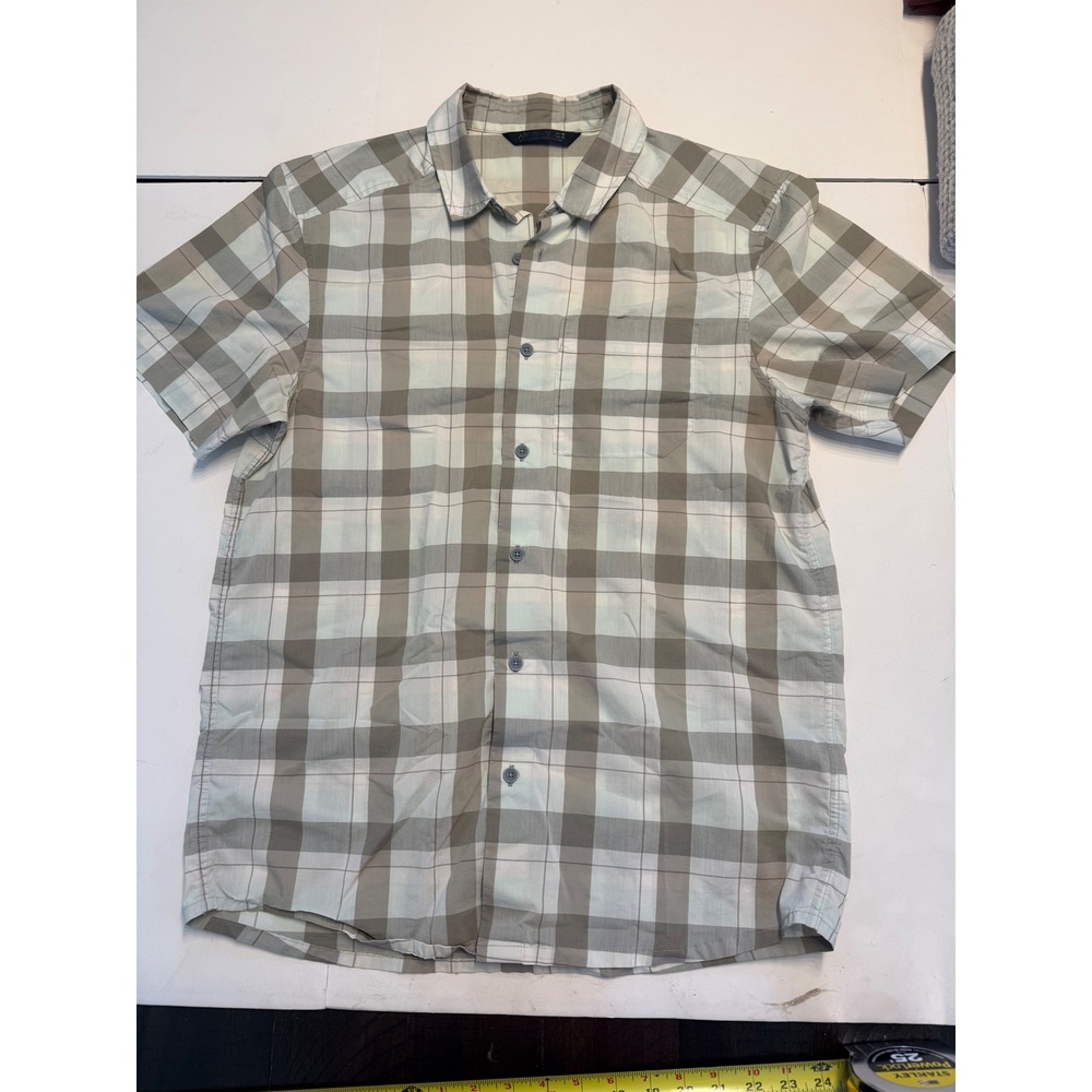 Arcteryx Mens Skyline Short Sleeve Shirt Tan Grey Plaid Hiking Travel Medium